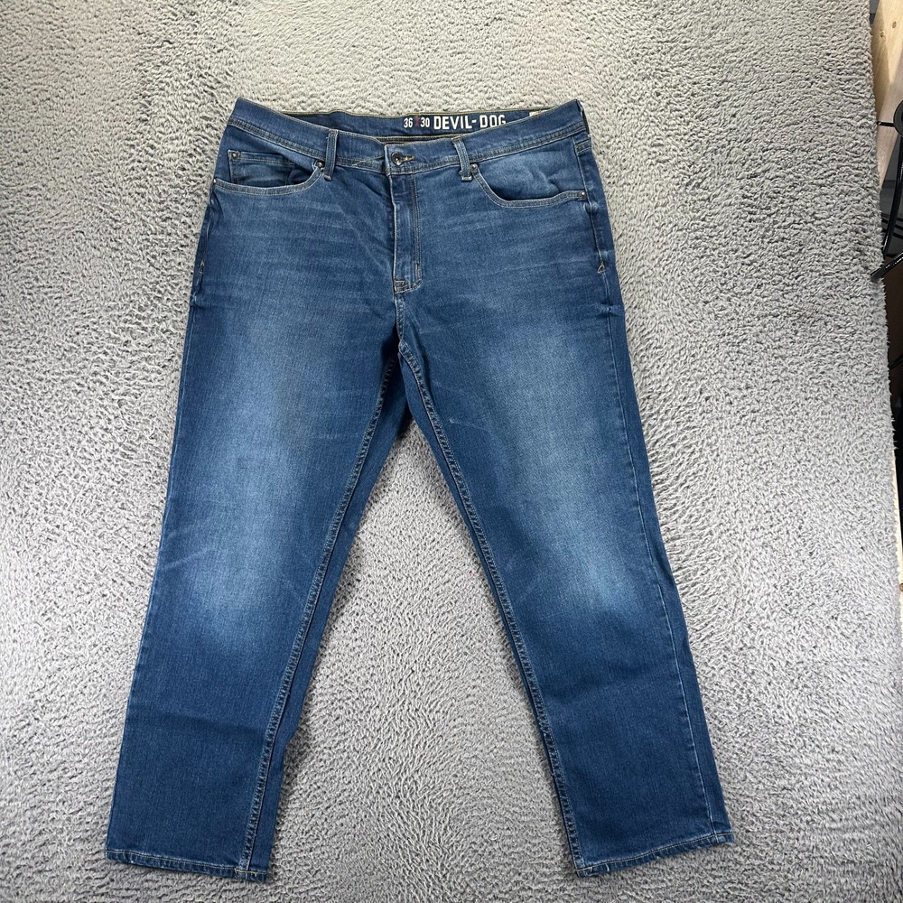 Devil-Dog Jeans Mens 36x30 Blue Cotton Denim Straight Leg Faded Stretch Workwear